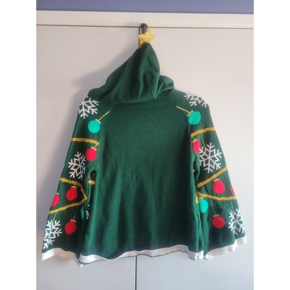Christmas Hoodie Knit Sweater Ornament Snowflake Green Pullover Girl M 7/8 - Picture 4 of 4